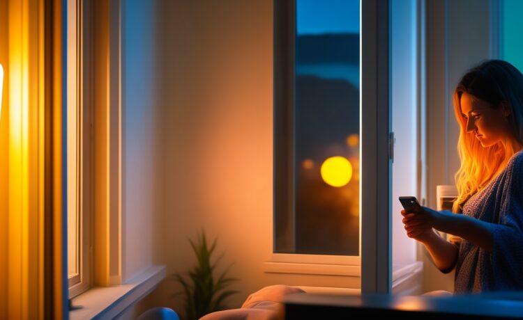 Eine hell erleuchtete, freundliche Szene in einem modernen Wohnzimmer: eine junge Frau sitzt entspannt mit einem Smartphone in der Hand, das Sonnenlicht fällt weich durchs Fenster, während im Hintergrund dezente technische Details und Alltagsgegenstände eine vertraute, vertrauensvolle Atmosphäre digitaler Sicherheit und Schutz im Alltag vermitteln.