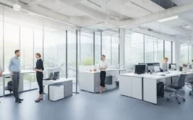 Ein lichtdurchflutetes, modernes Büro mit entspannt arbeitenden Designerinnen und Designern, die an hellen Bildschirmen interaktive Layouts und klar strukturierte Interface-Entwürfe entwickeln, umgeben von warmen Holzakzenten, grünen Pflanzen und natürlichem Tageslicht, das eine einladende Atmosphäre zwischen Kreativität und fokussiertem Teamwork schafft.