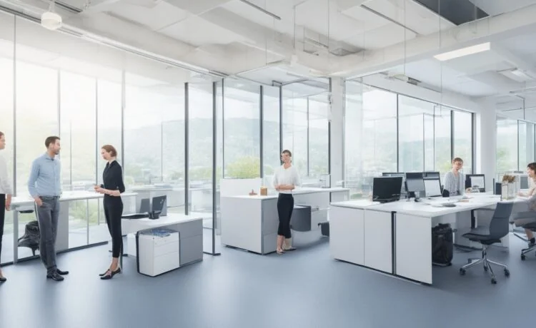 Ein lichtdurchflutetes, modernes Büro mit entspannt arbeitenden Designerinnen und Designern, die an hellen Bildschirmen interaktive Layouts und klar strukturierte Interface-Entwürfe entwickeln, umgeben von warmen Holzakzenten, grünen Pflanzen und natürlichem Tageslicht, das eine einladende Atmosphäre zwischen Kreativität und fokussiertem Teamwork schafft.