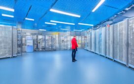 In einem lichtdurchfluteten, modernen Rechenzentrum strahlt eine freundliche Atmosphäre, während im Vordergrund ein Techniker mit einem Smartphone und Tablets nachhaltige Notstromaggregate kontrolliert, umgeben von glänzenden Serverracks und dezent leuchtenden Bildschirmen, die das Thema klimafreundliche Energieversorgung und innovative E-Fuel-Technologie lebendig und zukunftsorientiert vermitteln.