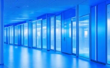 Ein warm beleuchtetes, modernes Rechenzentrum mit klar sichtbaren Glasfaserverkabelungen in schimmerndem Blau, umgeben von ruhigen Technikern in digital fokussierter Arbeit, die die nachhaltige Zukunft der KI-Infrastruktur mit freundlicher Atmosphäre und natürlichem Licht einleiten.