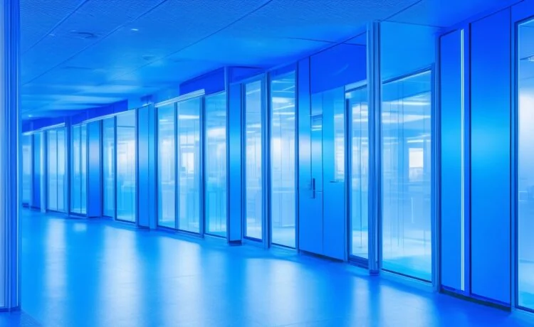 Ein warm beleuchtetes, modernes Rechenzentrum mit klar sichtbaren Glasfaserverkabelungen in schimmerndem Blau, umgeben von ruhigen Technikern in digital fokussierter Arbeit, die die nachhaltige Zukunft der KI-Infrastruktur mit freundlicher Atmosphäre und natürlichem Licht einleiten.