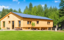 Ein sonnendurchfluteter, moderner Holzbau eines Rechenzentrums mit klaren Linien und natürlichen Materialien, umgeben von grünen Bäumen und effizienter Technik, strahlt warme Nachhaltigkeit und zukunftsweisende Innovationskraft aus.