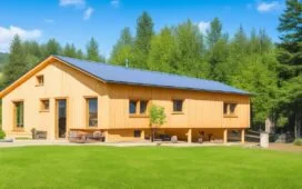 Ein sonnendurchfluteter, moderner Holzbau eines Rechenzentrums mit klaren Linien und natürlichen Materialien, umgeben von grünen Bäumen und effizienter Technik, strahlt warme Nachhaltigkeit und zukunftsweisende Innovationskraft aus.