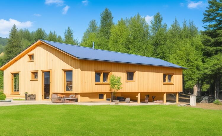 Ein sonnendurchfluteter, moderner Holzbau eines Rechenzentrums mit klaren Linien und natürlichen Materialien, umgeben von grünen Bäumen und effizienter Technik, strahlt warme Nachhaltigkeit und zukunftsweisende Innovationskraft aus.