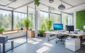 Ein strahlend helles Büro mit natürlichen Sonnenstrahlen, in dem eine motivierte Entwicklerin entspannt an einem modernen Laptop arbeitet, während auf dem Bildschirm organisch optimierte WebP-Bilder und nachhaltige Webtechnologie subtil angedeutet werden – eine harmonische Szene voller Wärme, Fortschritt und digitaler Verantwortung.