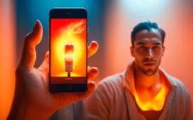 In einem hell erleuchteten, modernen Kreativstudio sitzt eine junge Designerin mit einem Smartphone in der Hand und lächelt konzentriert, während natürliches Tageslicht sanft ihre Umgebung mit warmen Farbtönen durchflutet und High-Tech-Elemente subtil das Zusammenspiel von Mensch und intelligenter Bildbearbeitung symbolisieren.