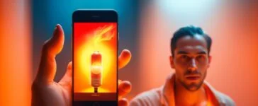 In einem hell erleuchteten, modernen Kreativstudio sitzt eine junge Designerin mit einem Smartphone in der Hand und lächelt konzentriert, während natürliches Tageslicht sanft ihre Umgebung mit warmen Farbtönen durchflutet und High-Tech-Elemente subtil das Zusammenspiel von Mensch und intelligenter Bildbearbeitung symbolisieren.