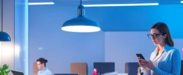 In einem hell erleuchteten, modernen Büro sitzt eine junge Frau konzentriert vor ihrem Smartphone, umgeben von warmem Tageslicht und dezentem Grünpflanzen-Flair, während sie achtsam ihre App-Berechtigungen überprüft – ein Sinnbild für digitale Vorsicht und aktive Cybersicherheit im Alltag.