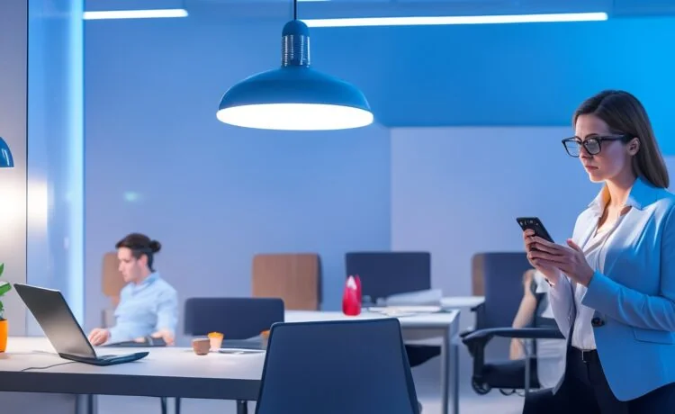 In einem hell erleuchteten, modernen Büro sitzt eine junge Frau konzentriert vor ihrem Smartphone, umgeben von warmem Tageslicht und dezentem Grünpflanzen-Flair, während sie achtsam ihre App-Berechtigungen überprüft – ein Sinnbild für digitale Vorsicht und aktive Cybersicherheit im Alltag.