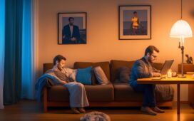 Ein warm beleuchtetes, natürliches Porträt eines nachdenklichen Mannes mittleren Alters in einem modernen Wohnzimmer, umgeben von subtilen Hinweisen auf digitale Kommunikation wie ein Smartphone und einen Laptop, das Vertrauen und Verwundbarkeit gleichzeitig einfängt und so die emotionale Dimension der betrügerischen Online-Bedrohung auf einfühlsame Weise illustriert.