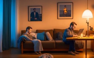 Ein warm beleuchtetes, natürliches Porträt eines nachdenklichen Mannes mittleren Alters in einem modernen Wohnzimmer, umgeben von subtilen Hinweisen auf digitale Kommunikation wie ein Smartphone und einen Laptop, das Vertrauen und Verwundbarkeit gleichzeitig einfängt und so die emotionale Dimension der betrügerischen Online-Bedrohung auf einfühlsame Weise illustriert.