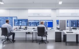 Ein hell erleuchteter, moderner Arbeitsplatz mit einem lächelnden Entwickler mittleren Alters vor zwei großen Bildschirmen, auf denen eine klar strukturierte, tabellarische Datenansicht zu sehen ist, umgeben von warmem Tageslicht und einem Ambiente aus Holz und Pflanzen, das eine freundliche, produktive Atmosphäre ausstrahlt.