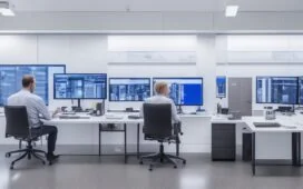 Ein hell erleuchteter, moderner Arbeitsplatz mit einem lächelnden Entwickler mittleren Alters vor zwei großen Bildschirmen, auf denen eine klar strukturierte, tabellarische Datenansicht zu sehen ist, umgeben von warmem Tageslicht und einem Ambiente aus Holz und Pflanzen, das eine freundliche, produktive Atmosphäre ausstrahlt.