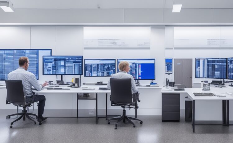 Ein hell erleuchteter, moderner Arbeitsplatz mit einem lächelnden Entwickler mittleren Alters vor zwei großen Bildschirmen, auf denen eine klar strukturierte, tabellarische Datenansicht zu sehen ist, umgeben von warmem Tageslicht und einem Ambiente aus Holz und Pflanzen, das eine freundliche, produktive Atmosphäre ausstrahlt.