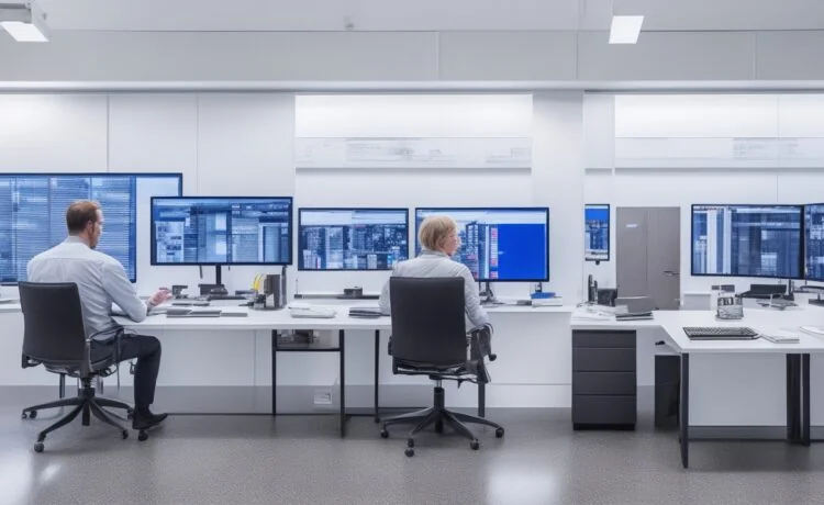 Ein hell erleuchteter, moderner Arbeitsplatz mit einem lächelnden Entwickler mittleren Alters vor zwei großen Bildschirmen, auf denen eine klar strukturierte, tabellarische Datenansicht zu sehen ist, umgeben von warmem Tageslicht und einem Ambiente aus Holz und Pflanzen, das eine freundliche, produktive Atmosphäre ausstrahlt.