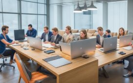 In einem modern gestalteten, lichtdurchfluteten Büroumfeld sieht man eine diverse Gruppe von engagierten Fachleuten, die konzentriert um einen glänzenden Tisch mit Laptops und Dokumenten sitzen, während warme Sonnenstrahlen durch große Fenster fallen und so das Thema Transparenz und Offenlegung in der digitalen KI-Welt lebendig und positiv vermitteln.
