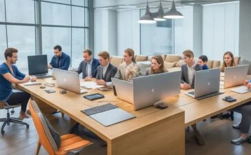 In einem modern gestalteten, lichtdurchfluteten Büroumfeld sieht man eine diverse Gruppe von engagierten Fachleuten, die konzentriert um einen glänzenden Tisch mit Laptops und Dokumenten sitzen, während warme Sonnenstrahlen durch große Fenster fallen und so das Thema Transparenz und Offenlegung in der digitalen KI-Welt lebendig und positiv vermitteln.