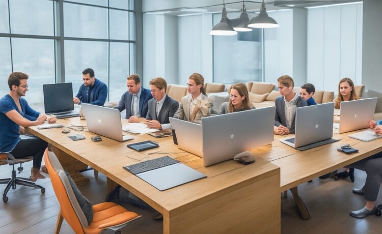 In einem modern gestalteten, lichtdurchfluteten Büroumfeld sieht man eine diverse Gruppe von engagierten Fachleuten, die konzentriert um einen glänzenden Tisch mit Laptops und Dokumenten sitzen, während warme Sonnenstrahlen durch große Fenster fallen und so das Thema Transparenz und Offenlegung in der digitalen KI-Welt lebendig und positiv vermitteln.