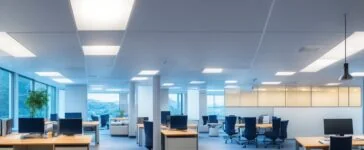 In einem hell erleuchteten, modernen Büro mit großen Fenstern steht eine diverse Gruppe fokussierter Fachleute vor Bildschirmen, die komplexe Grafiken und Chip-Designs zeigen, während warme Sonnenstrahlen den Raum durchfluten und eine Atmosphäre von Zusammenarbeit und zukunftsweisender Technologie schaffen.