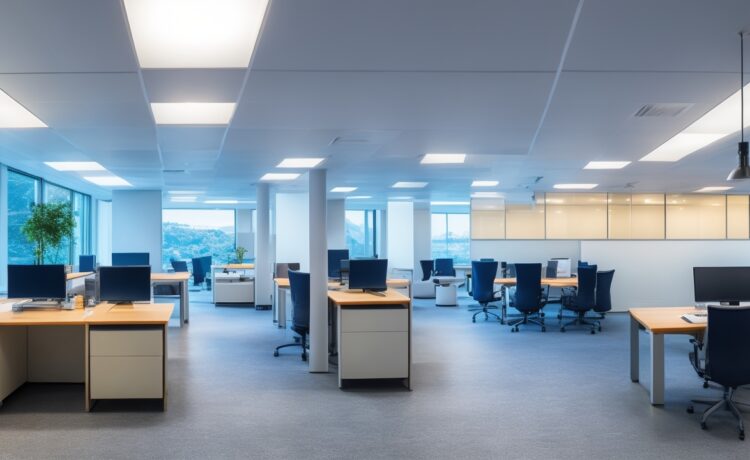 In einem hell erleuchteten, modernen Büro mit großen Fenstern steht eine diverse Gruppe fokussierter Fachleute vor Bildschirmen, die komplexe Grafiken und Chip-Designs zeigen, während warme Sonnenstrahlen den Raum durchfluten und eine Atmosphäre von Zusammenarbeit und zukunftsweisender Technologie schaffen.