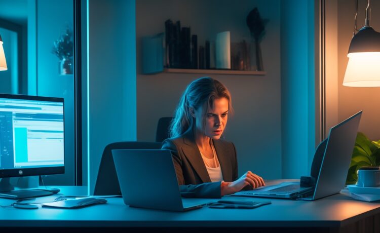 In einem hell erleuchteten, modernen Büro sitzt eine junge Frau entspannt an ihrem Laptop, während sie mit einem warmen Lächeln auf den Bildschirm blickt; das natürliche Tageslicht lässt den Raum freundlich und einladend wirken, symbolisiert mühelos die smarte und kreative Unterstützung der neuen KI-gestützten WhatsApp-Nachrichtenerstellung.