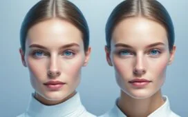 Ein heller, natürlicher Moment zeigt eine nachdenklich lächelnde Person mittleren Alters in modernem, dezentem Umfeld, während sanftes Tageslicht ihr Gesicht und eine futuristisch wirkende, minimalistische Gehirnimplantat-Sonde am Kopf warm beleuchtet, was Hoffnung und den menschlichen Fortschritt in der symbiotischen Verbindung von Geist und Technologie symbolisiert.