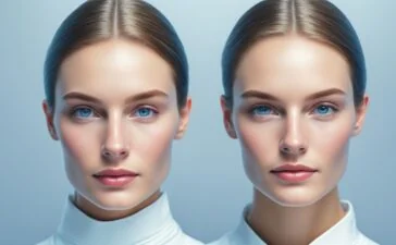 Ein heller, natürlicher Moment zeigt eine nachdenklich lächelnde Person mittleren Alters in modernem, dezentem Umfeld, während sanftes Tageslicht ihr Gesicht und eine futuristisch wirkende, minimalistische Gehirnimplantat-Sonde am Kopf warm beleuchtet, was Hoffnung und den menschlichen Fortschritt in der symbiotischen Verbindung von Geist und Technologie symbolisiert.