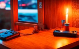 Ein warm beleuchtetes, scharf fokussiertes Foto einer modernen Nintendo Switch 2, die auf einem hellen Holztisch liegt, umgeben von lächelnden Menschen verschiedener Generationen, die entspannt gemeinsam spielen und die neue Hybridkonsole in natürlichem Tageslicht genießen.
