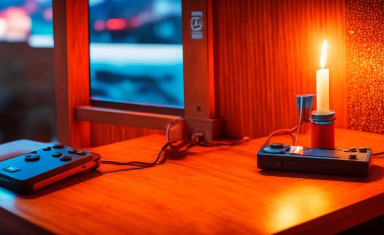 Ein warm beleuchtetes, scharf fokussiertes Foto einer modernen Nintendo Switch 2, die auf einem hellen Holztisch liegt, umgeben von lächelnden Menschen verschiedener Generationen, die entspannt gemeinsam spielen und die neue Hybridkonsole in natürlichem Tageslicht genießen.