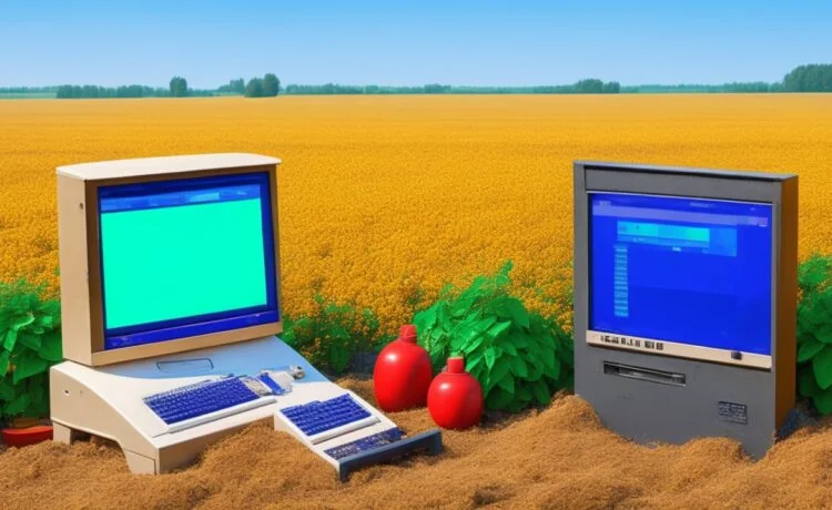 In einem hell erleuchteten, warmen Sortierraum auf einem traditionellen Hof verbindet ein älterer Landwirt konzentriert die analoge Welt mit moderner Landwirtschaftstechnik, während ein in die Jahre gekommener Windows-95-PC als verlässliches Herzstück einer leisen, aber effizienten Eier-Sortiermaschine sichtbar und realistisch eingebunden ist.