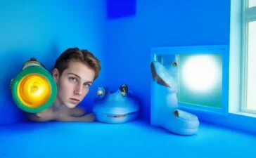 In einem hell erleuchteten, modernen Raum lächelt eine junge Person entspannt in Richtung Kamera, trägt stylishe, cremeblaue Crocs mit detailreichen Windows XP-inspirierten Jibbitz, während warmes Sonnenlicht sanft durch große Fenster fällt und eine einladende, nostalgische Atmosphäre voller modischer Leichtigkeit schafft.