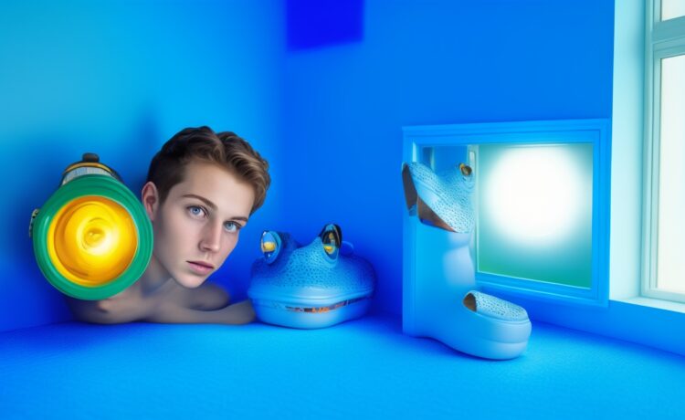 In einem hell erleuchteten, modernen Raum lächelt eine junge Person entspannt in Richtung Kamera, trägt stylishe, cremeblaue Crocs mit detailreichen Windows XP-inspirierten Jibbitz, während warmes Sonnenlicht sanft durch große Fenster fällt und eine einladende, nostalgische Atmosphäre voller modischer Leichtigkeit schafft.