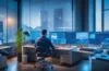 In einem modernen, hell erleuchteten High-Tech-Büro fokussiert ein lächelnder Ingenieur chinesischer Herkunft konzentriert auf einen Computerbildschirm mit komplexen Grafiken, im Hintergrund sanftes Tageslicht durch große Fenster, das eine einladende Atmosphäre voller innovativer Energie und technologischer Zuversicht schafft.