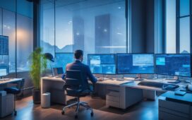 In einem modernen, hell erleuchteten High-Tech-Büro fokussiert ein lächelnder Ingenieur chinesischer Herkunft konzentriert auf einen Computerbildschirm mit komplexen Grafiken, im Hintergrund sanftes Tageslicht durch große Fenster, das eine einladende Atmosphäre voller innovativer Energie und technologischer Zuversicht schafft.