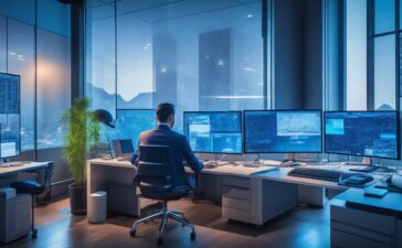 In einem modernen, hell erleuchteten High-Tech-Büro fokussiert ein lächelnder Ingenieur chinesischer Herkunft konzentriert auf einen Computerbildschirm mit komplexen Grafiken, im Hintergrund sanftes Tageslicht durch große Fenster, das eine einladende Atmosphäre voller innovativer Energie und technologischer Zuversicht schafft.