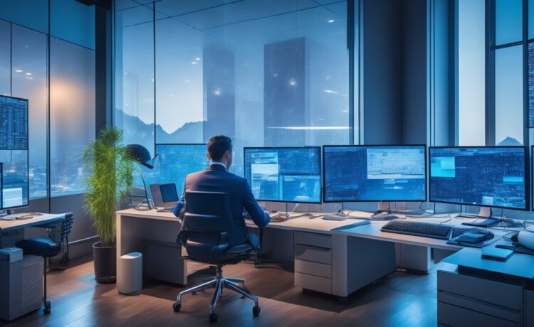In einem modernen, hell erleuchteten High-Tech-Büro fokussiert ein lächelnder Ingenieur chinesischer Herkunft konzentriert auf einen Computerbildschirm mit komplexen Grafiken, im Hintergrund sanftes Tageslicht durch große Fenster, das eine einladende Atmosphäre voller innovativer Energie und technologischer Zuversicht schafft.
