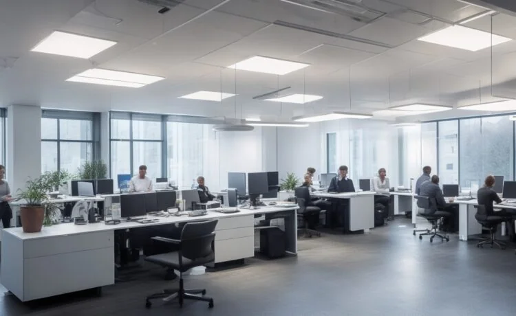 In einem modernen, hell erleuchteten Büro strahlt ein kleines Team engagierter Fachleute in entspannter, freundlicher Atmosphäre Zuversicht aus, während sie gemeinsam an digitalen Sicherheitslösungen arbeiten und innovative Open-Source-Tools für KMUs im Zeichen des Cyber Resilience Act entwickeln.