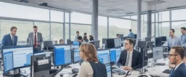 Ein sonnendurchflutetes, modernes Büro mit einem lächelnden Team aus IT-Expert:innen, die konzentriert an vernetzten Bildschirmen mit Open-Source-KI-Daten arbeiten, umgeben von eleganter Technik und warmem Holz, das eine freundliche, innovative Atmosphäre digitaler Souveränität und gemeinsamer Zukunftsperspektiven ausstrahlt.