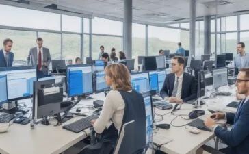 Ein sonnendurchflutetes, modernes Büro mit einem lächelnden Team aus IT-Expert:innen, die konzentriert an vernetzten Bildschirmen mit Open-Source-KI-Daten arbeiten, umgeben von eleganter Technik und warmem Holz, das eine freundliche, innovative Atmosphäre digitaler Souveränität und gemeinsamer Zukunftsperspektiven ausstrahlt.