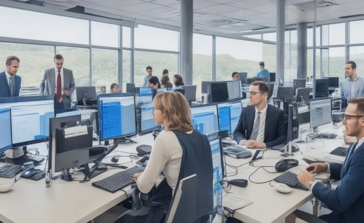 Ein sonnendurchflutetes, modernes Büro mit einem lächelnden Team aus IT-Expert:innen, die konzentriert an vernetzten Bildschirmen mit Open-Source-KI-Daten arbeiten, umgeben von eleganter Technik und warmem Holz, das eine freundliche, innovative Atmosphäre digitaler Souveränität und gemeinsamer Zukunftsperspektiven ausstrahlt.