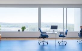 In einem modernen, lichtdurchfluteten Büro sitzen diverse Fachleute entspannt um einen großen Bildschirm, der komplexe Daten und Grafiken zeigt, während warme Sonnenstrahlen durch bodentiefe Fenster fallen und eine Atmosphäre von zukunftsweisender Innovation, vertrauensvoller Zusammenarbeit und verantwortungsbewusstem Fortschritt schaffen.