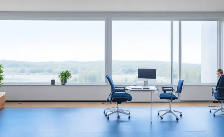 In einem modernen, lichtdurchfluteten Büro sitzen diverse Fachleute entspannt um einen großen Bildschirm, der komplexe Daten und Grafiken zeigt, während warme Sonnenstrahlen durch bodentiefe Fenster fallen und eine Atmosphäre von zukunftsweisender Innovation, vertrauensvoller Zusammenarbeit und verantwortungsbewusstem Fortschritt schaffen.