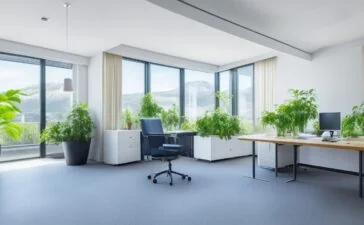 Ein lichtdurchflutetes, modernes Büro mit entspannt lächelnden Webentwicklern vor großen Bildschirmen, die digitale Grafiken und optimierte Webinhalte überprüfen, umgeben von warmen Holzmöbeln und Pflanzen, die eine freundliche und produktive Atmosphäre schaffen.