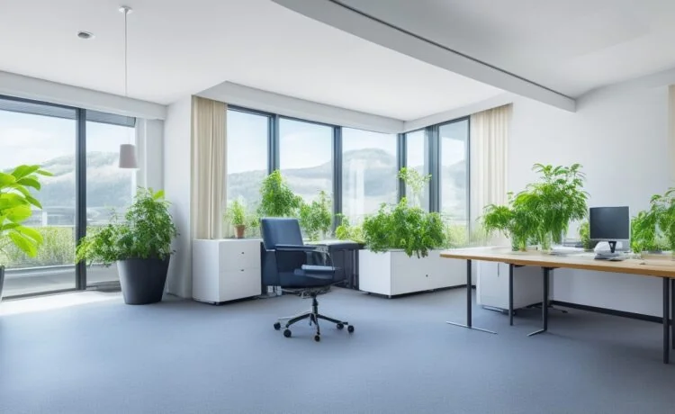 Ein lichtdurchflutetes, modernes Büro mit entspannt lächelnden Webentwicklern vor großen Bildschirmen, die digitale Grafiken und optimierte Webinhalte überprüfen, umgeben von warmen Holzmöbeln und Pflanzen, die eine freundliche und produktive Atmosphäre schaffen.