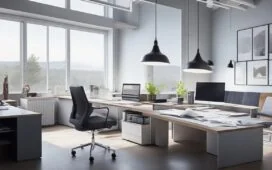 In einem sonnendurchfluteten, modernen Arbeitsraum sitzt eine Designerin konzentriert vor einem großen Bildschirm, umgeben von Skizzen und Farbmusterkarten, während natürliches Licht sanft über die harmonisch angeordneten Webdesign-Elemente auf dem Tisch fällt und eine einladende, kreative Atmosphäre voller Wärme und Ausgewogenheit schafft.