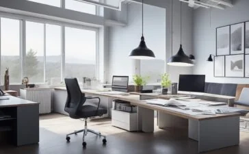 In einem sonnendurchfluteten, modernen Arbeitsraum sitzt eine Designerin konzentriert vor einem großen Bildschirm, umgeben von Skizzen und Farbmusterkarten, während natürliches Licht sanft über die harmonisch angeordneten Webdesign-Elemente auf dem Tisch fällt und eine einladende, kreative Atmosphäre voller Wärme und Ausgewogenheit schafft.