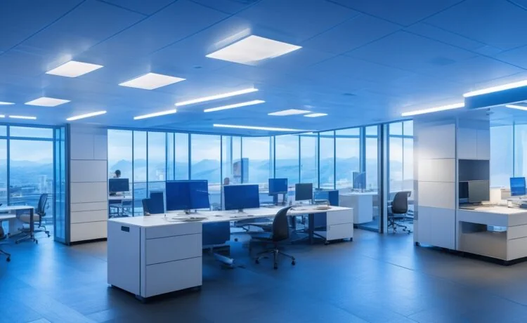 Ein hell ausgeleuchtetes, freundliches Büro mit moderner Technik und entspannten Expert:innen, die engagiert über Datenschutz und digitale Sicherheit diskutieren, während weiches Tageslicht eine warme, vertrauensvolle Atmosphäre schafft.