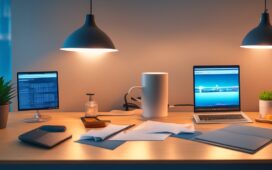 Ein hell erleuchteter, moderner Arbeitsplatz mit offenem Laptop auf einem Tisch, umgeben von Notizen und einer Kaffeetasse, an dem eine Person konzentriert ein wichtiges Software-Update installiert – die warme Nachmittagssonne fällt sanft durchs Fenster und vermittelt Sicherheit und Zuversicht.