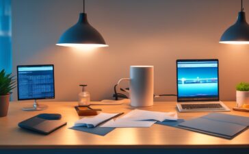 Ein hell erleuchteter, moderner Arbeitsplatz mit offenem Laptop auf einem Tisch, umgeben von Notizen und einer Kaffeetasse, an dem eine Person konzentriert ein wichtiges Software-Update installiert – die warme Nachmittagssonne fällt sanft durchs Fenster und vermittelt Sicherheit und Zuversicht.